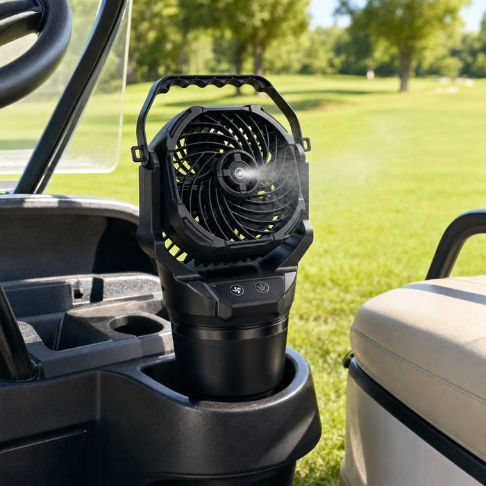 Chill Isle Breeze seated in a golf cart cup holder on the course